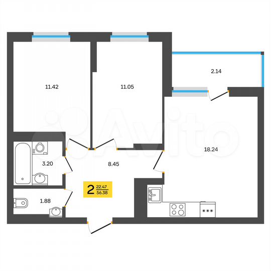 2-к. квартира, 56,4 м², 13/18 эт.