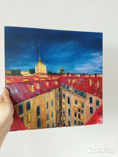 Картина маслом на холсте крыши Петербурга