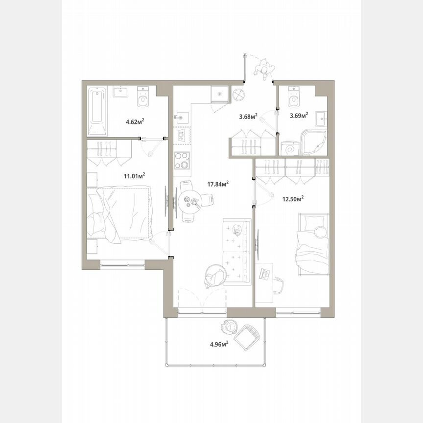 2-к. квартира, 54,8 м², 8/12 эт.