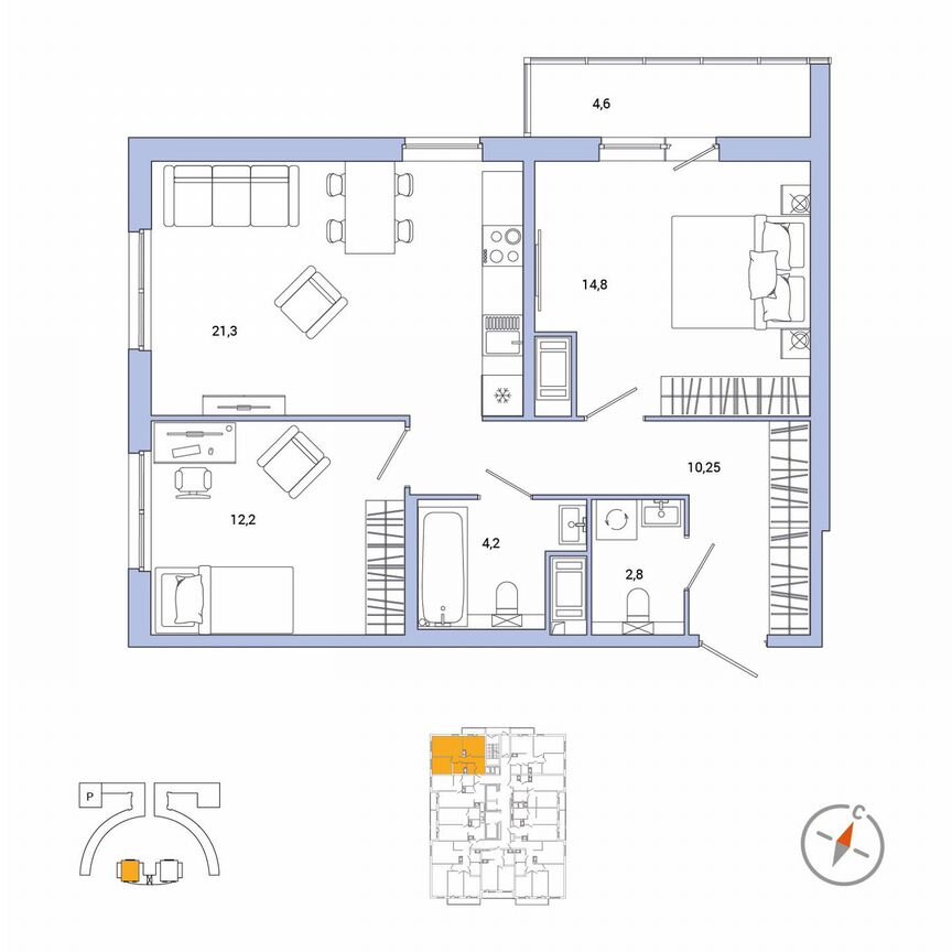 2-к. квартира, 67,9 м², 5/25 эт.