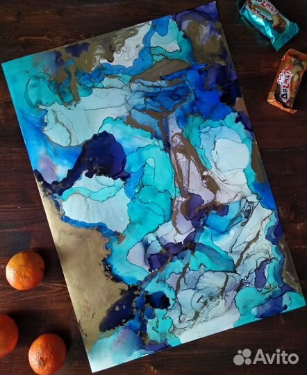 Картина абстракция в синих, голубых тонах, вода