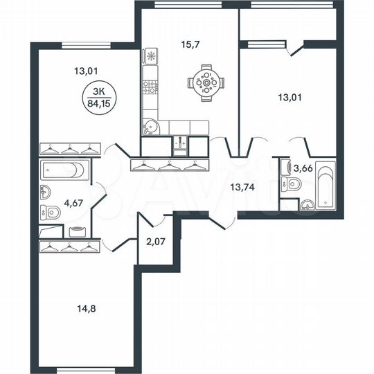 3-к. квартира, 84,2 м², 16/17 эт.