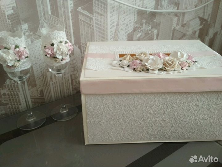 Коробка свадебная для подарков+фужеры