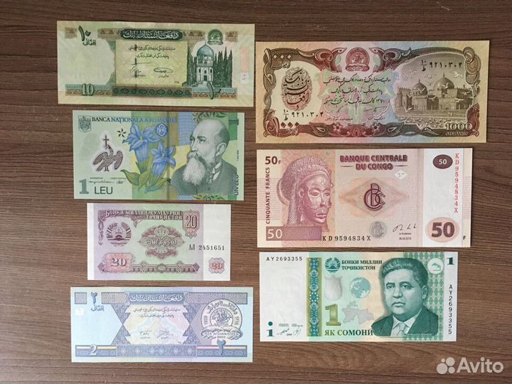 Банкноты Афганистан, Таджикистан, Румыния, Конго
