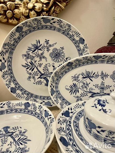 Сервиз Луковый узор, синий лук посуда Чехословакия