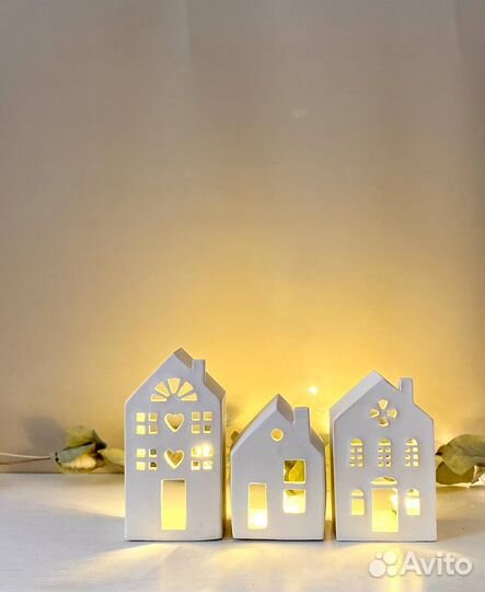 Новогодний Подсвечник Домик белый из гипса
