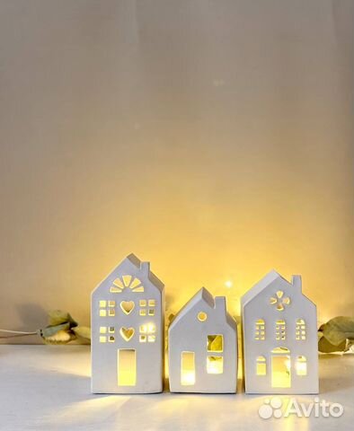 Новогодний Подсвечник Домик белый из гипса