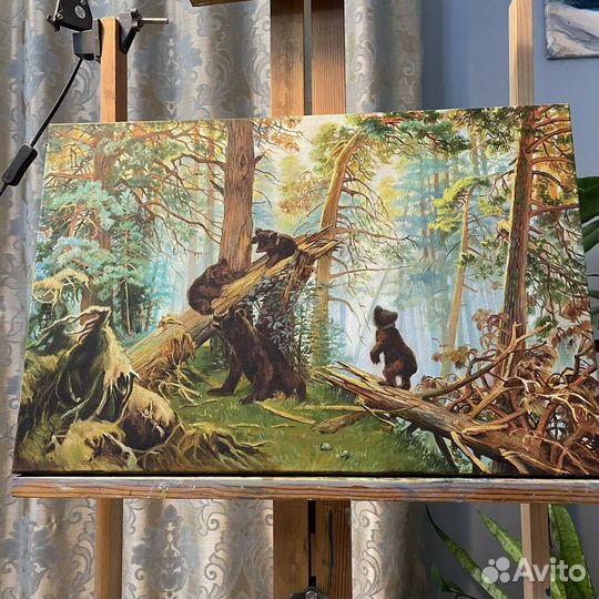 Картина маслом утро в сосновом лесу