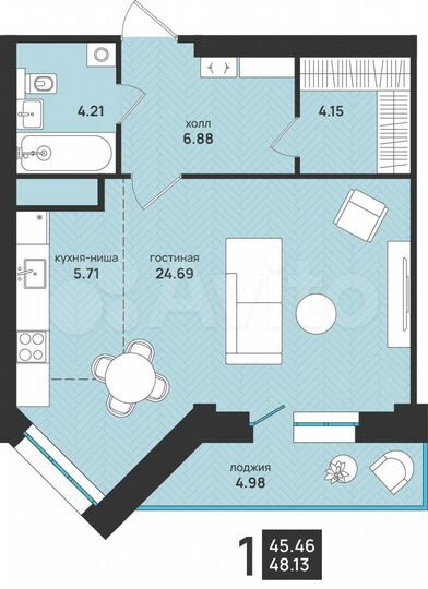 1-к. квартира, 48,1 м², 9/9 эт.