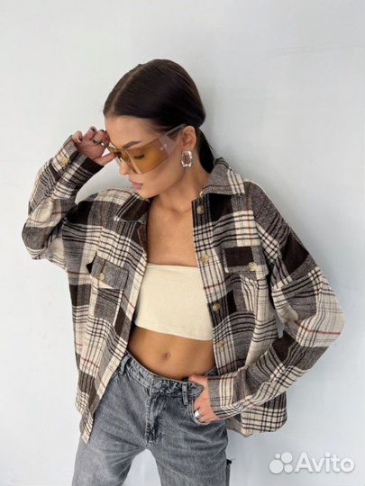 Рубашка женская оверсайз теплая в клетку длинная