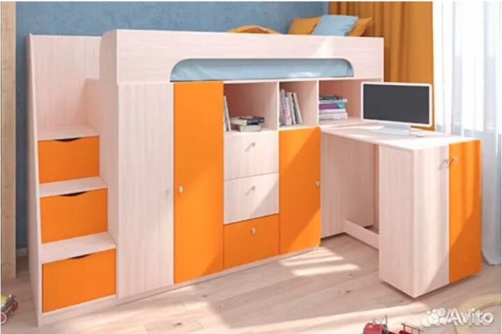 Кровать Чердак Со Столом и шкафом Дуб Молочный/Жел