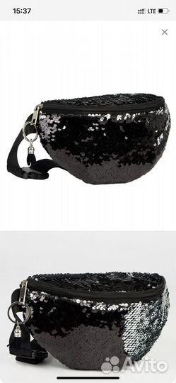Сумка поясная с паетками черная