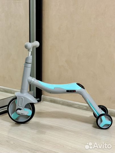 Детский самокат-беговел с музыкой 3в1, серо-синий