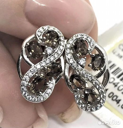 Серьги, кольцо серебро раухтопаз разм.17,0 С532