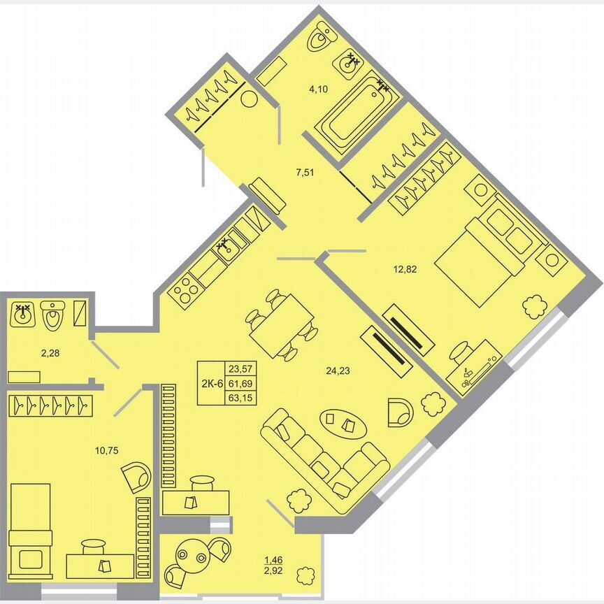 2-к. квартира, 63,2 м², 16/17 эт.