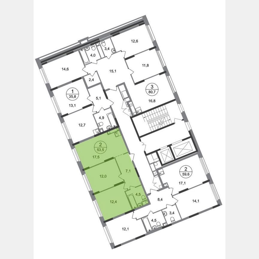 2-к. квартира, 53,5 м², 2/17 эт.