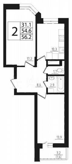 2-к. квартира, 56,2 м², 14/17 эт.
