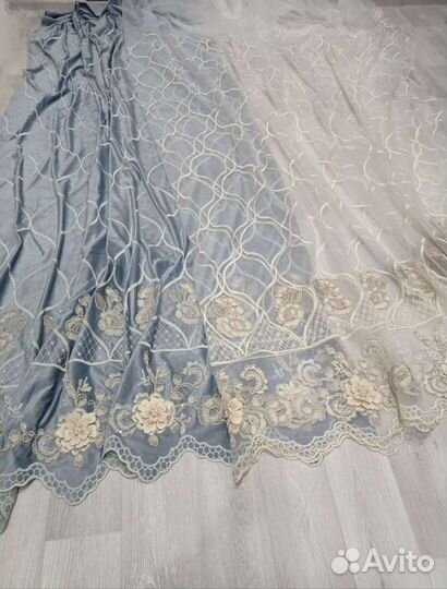 Шторы серо-голубой бархат,тюль компальоны 3D оаэ