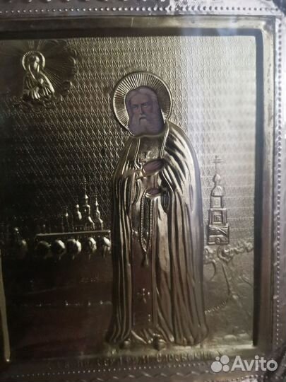 Старинная икона Серафим Саровский оклад