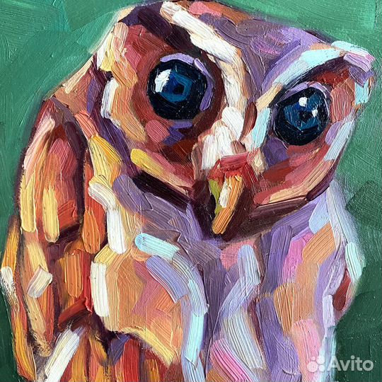 Ночная птица картина маслом в раме 27x34,5см сова