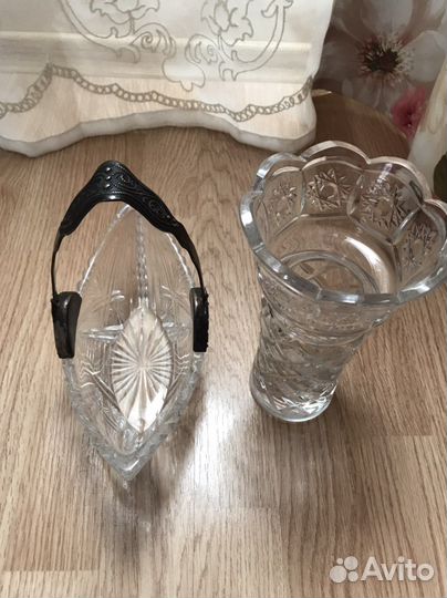 Набор 2 шт Хрусталь ваза конфетница с ручкой СССР