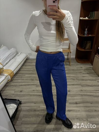 Брюки zara S синие из атласа