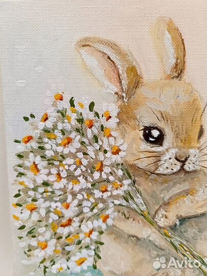 Картина маслом Зайчик с ромашками