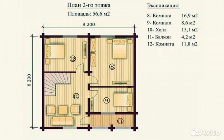Деревянный дом из бревна 8200х8200мм