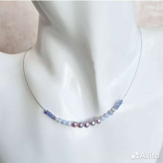 Колье с жемчугом голубым агатом и танзанитом