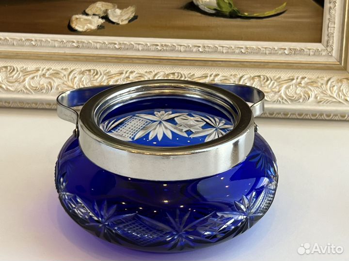 Сахарница синяя хрустальная