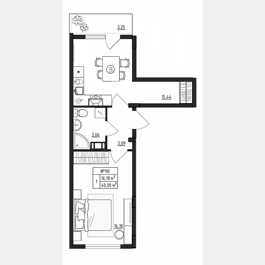 1-к. квартира, 40 м², 2/4 эт.