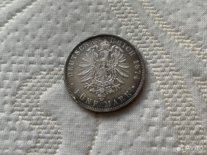 Монета 5 марок 1874