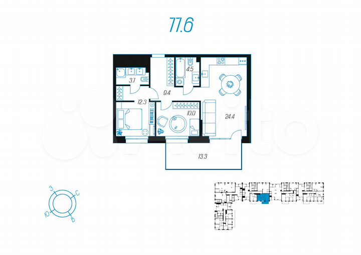 3-к. квартира, 77,6 м², 1/24 эт.