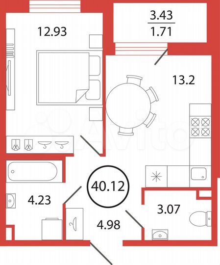 1-к. квартира, 40,1 м², 7/12 эт.
