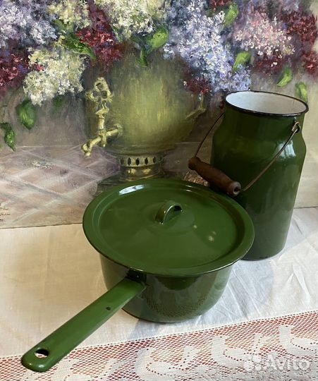 Эмалированная зеленая посуда бидон ковшик кружка