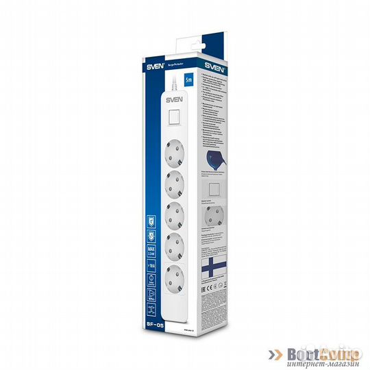 Сетевой фильтр sven SF-05, 1.8 метра белый