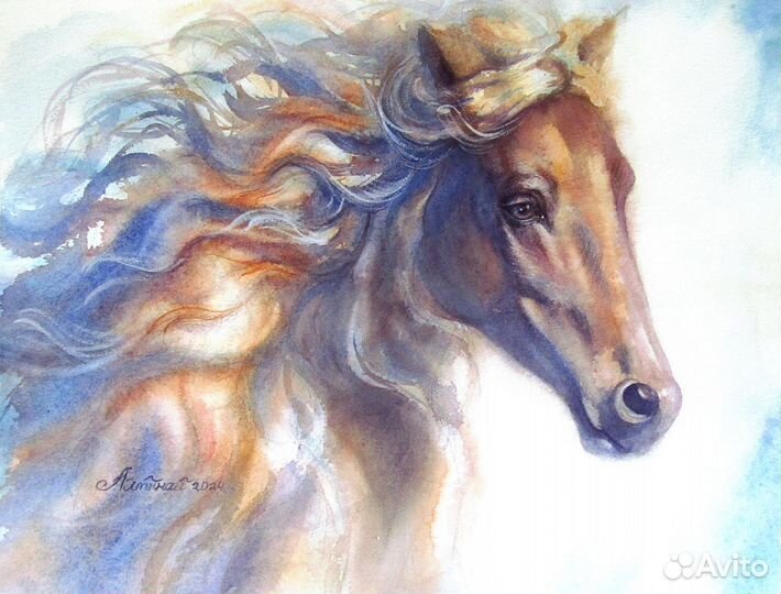 Картина: Мудрая, светлая лошадка акварелью. Голова
