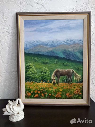 Картина маслом Пейзаж Горный луг Лошадь