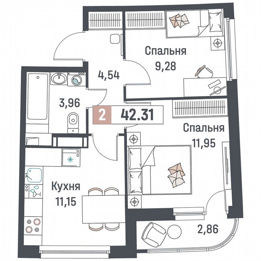 2-к. квартира, 42,3 м², 13/18 эт.