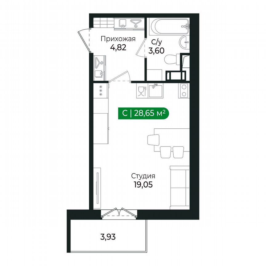Квартира-студия, 28,7 м², 6/8 эт.