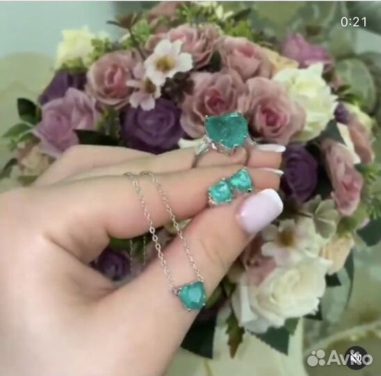 Комплект с сердцем из турмалина серебрянный