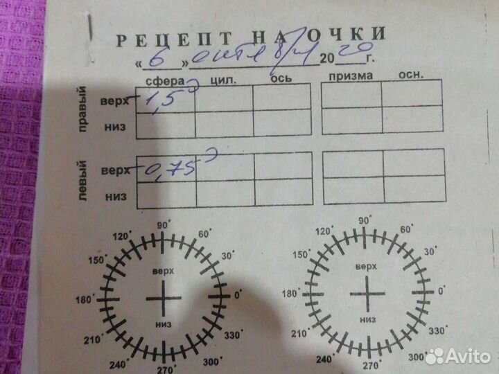 Очки левый - 0,75, правый - 1,5