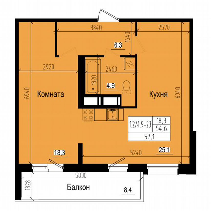1-к. квартира, 57,1 м², 10/23 эт.