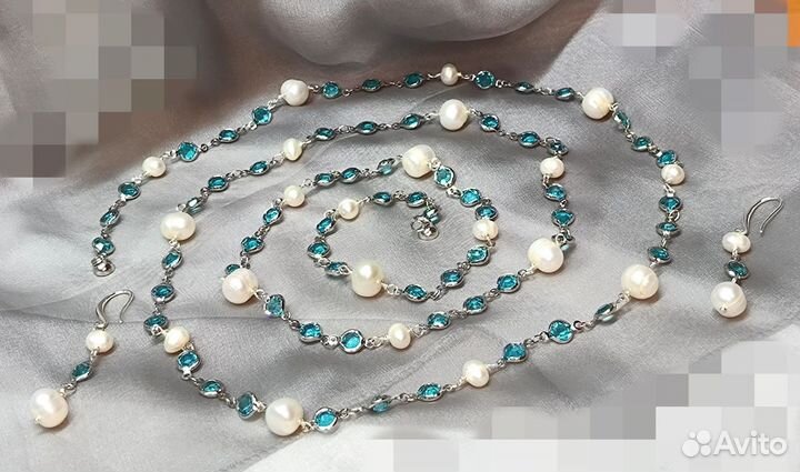 Комплект колье безель и серьги натур.жемчуг
