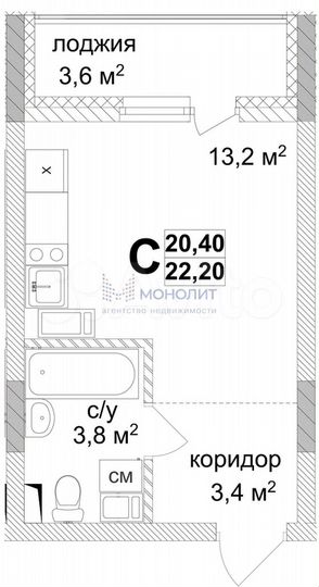 Квартира-студия, 22,1 м², 15/25 эт.