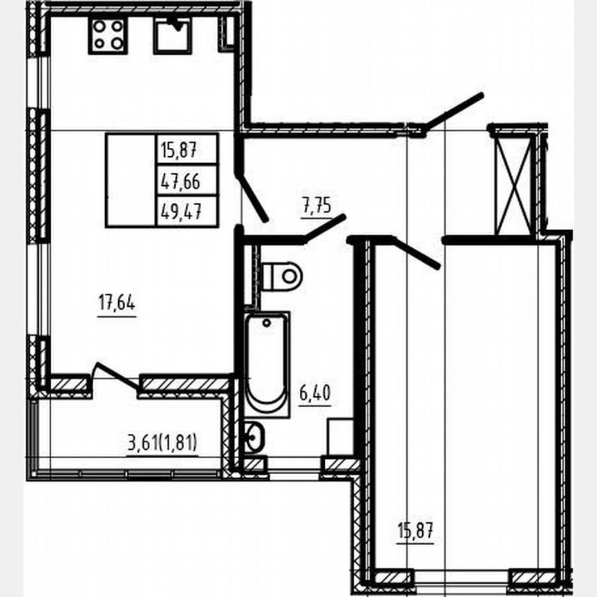 1-к. квартира, 47,7 м², 1/4 эт.