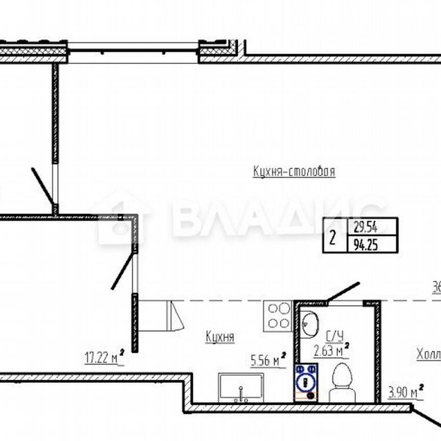 2-к. квартира, 94,3 м², 3/6 эт.