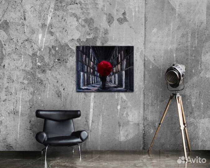 Картина оригинал человек с красным зонтом пейзаж