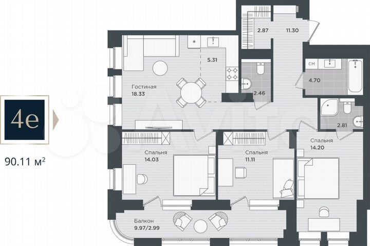4-к. квартира, 90,1 м², 18/24 эт.