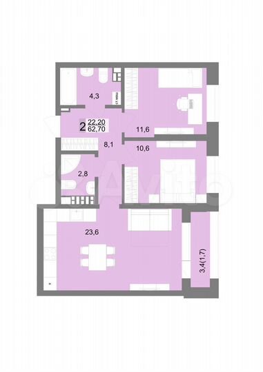 2-к. квартира, 62,7 м², 2/17 эт.